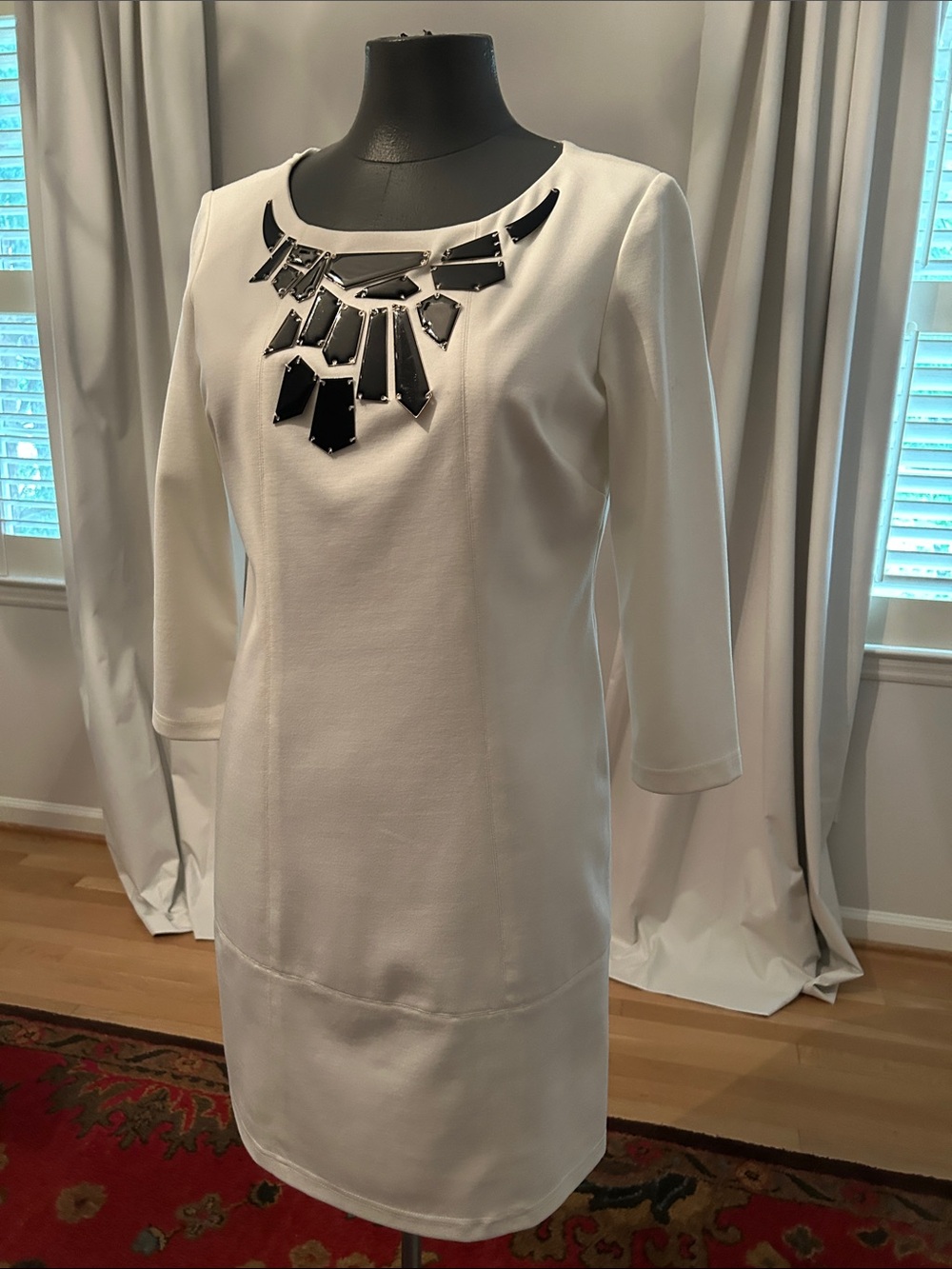 Vince Camuto Long-Sleeve Shift Dress with Black Embellished Neckline